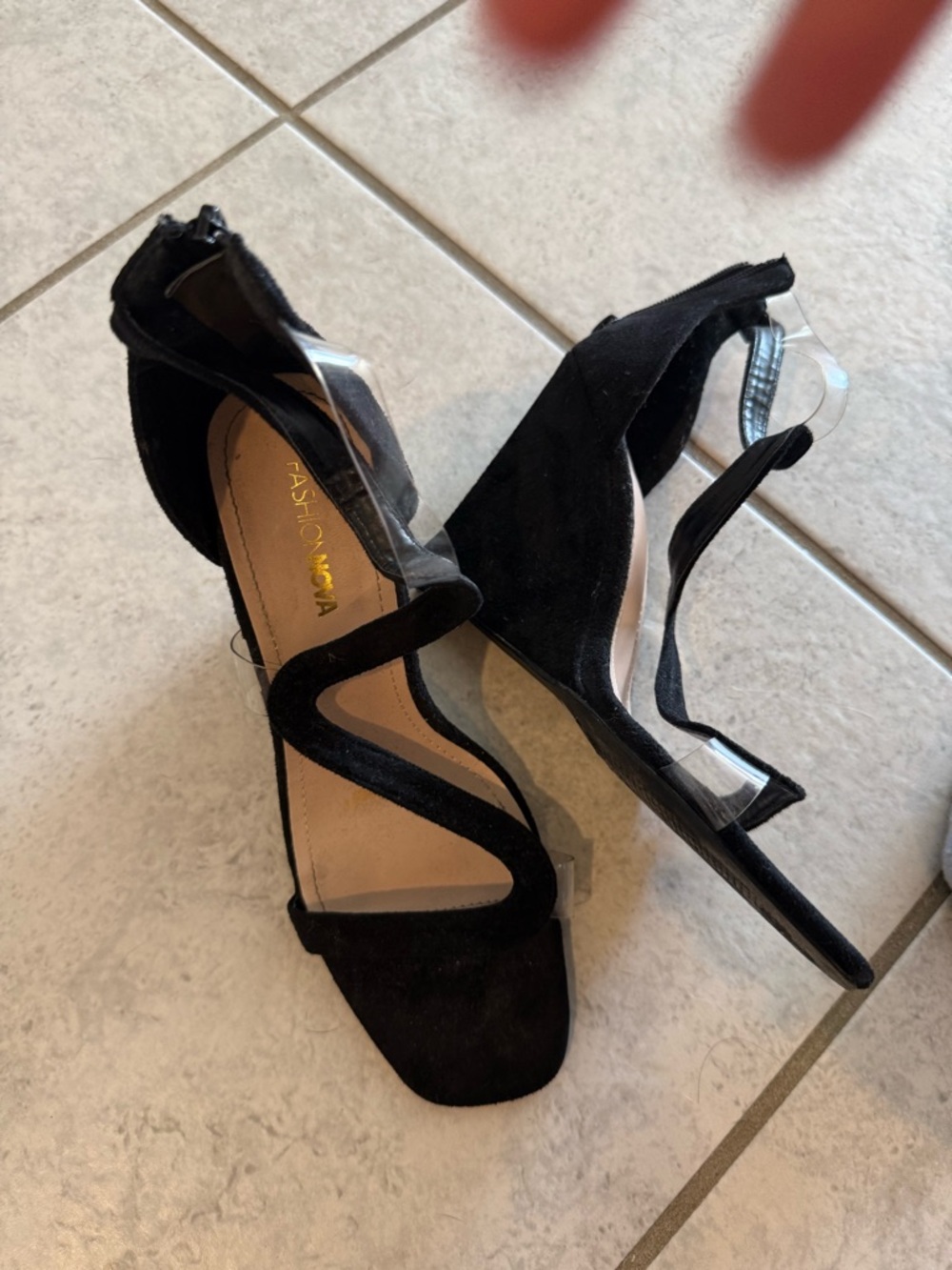 Fashion Nova Black Suede Clear-Trim Wedge Sandals